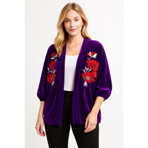 Women's Natori Purple Velvet Embroidered Floral Cardigan XS